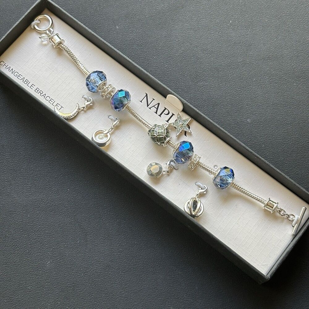 Napier Charm Bracelet Blue Crystal Beads Dangle Charms Silver Tone New With Box